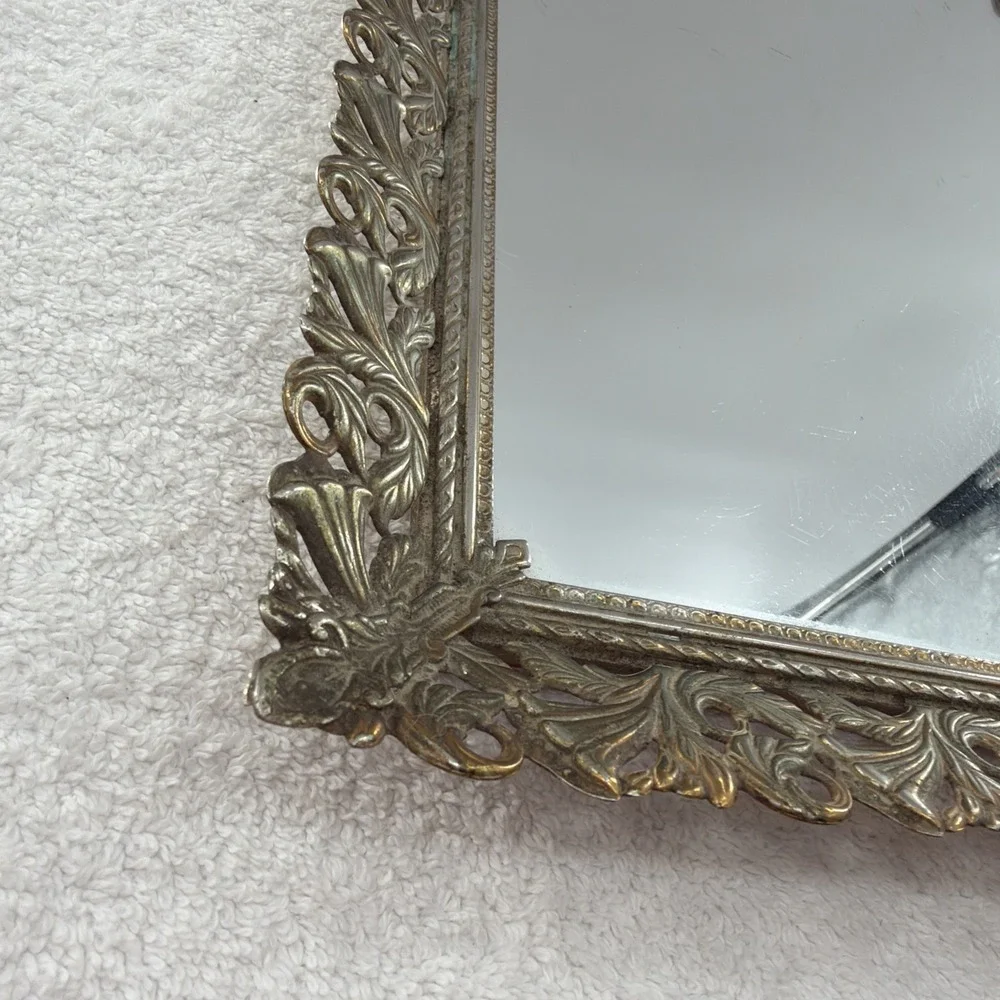 Vintage Footed Vanity Mirror Tray Floral Gold Tone Filigree Frame Felt 15